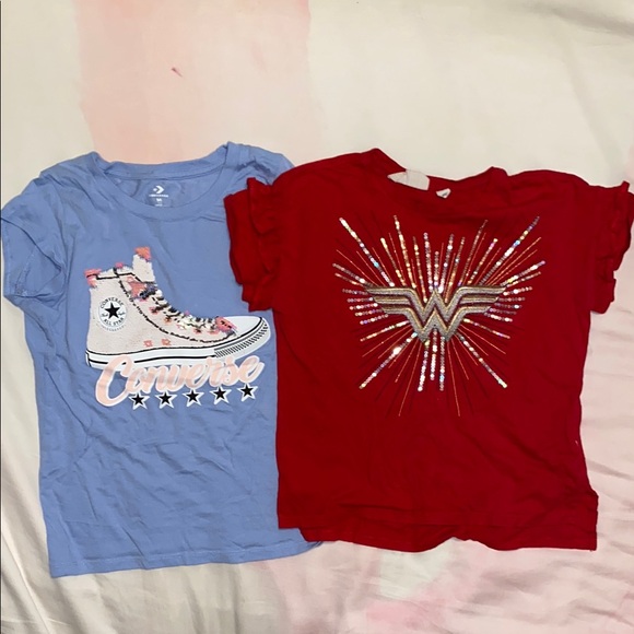 2 Girl sequins T-shirt Converse Blue & Gap Kids Wonder Woman Size 10 Medium Used - Picture 1 of 8